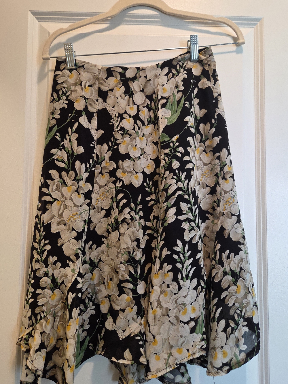 Vintage Tessuto Black Floral Rayon Midi Skirt Size 2